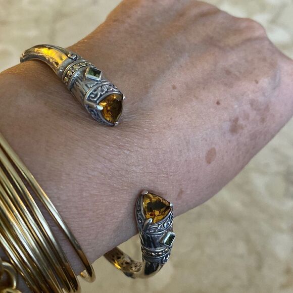 Vintage 18K & 925 Sterling Silver Citrine & Peridot Unisex Cuff Bracelet - Picture 2 of 11